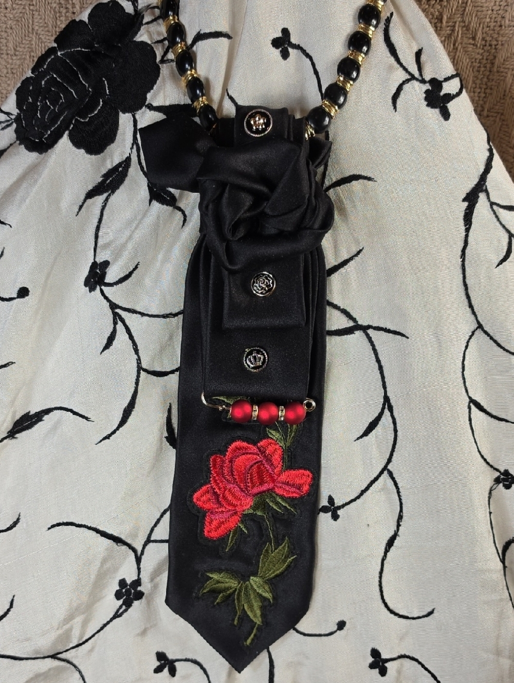 Custom Black Silk Tie Necklace Red Rose Monet Chain Statement Jewelry